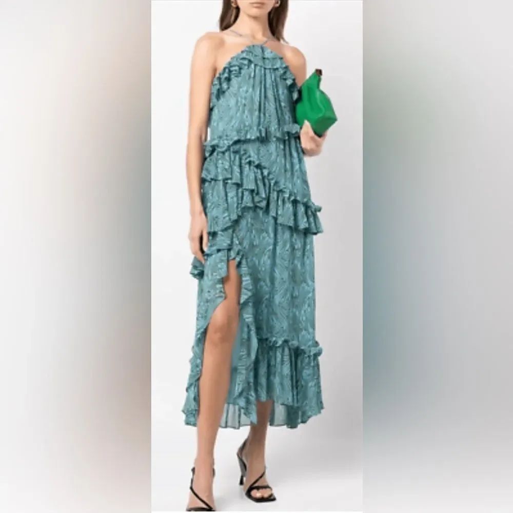 Cinq à Sept Rayner Dress Ruffle Blue Printed Halter Midi Cocktail Party Size